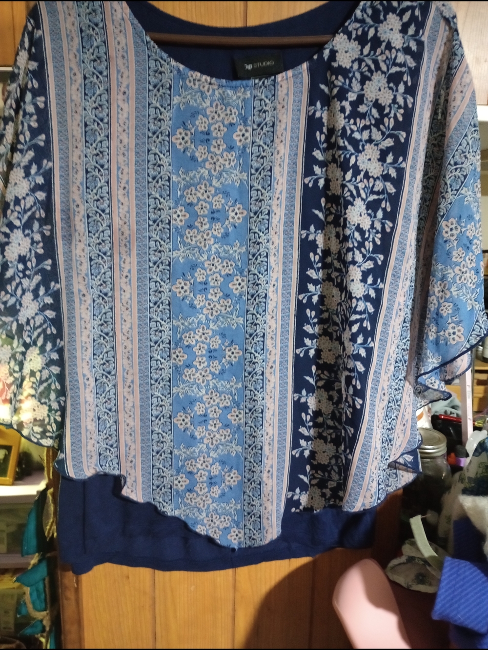 AB Studio Blue and Cream Floral Stripe Blouse